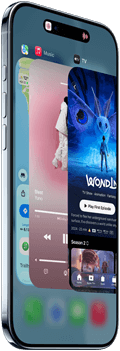 iPhone Air, front exterior, side exterior, thin profile, Dynamic Island centred near top, App Switcher feature in use, buttons: Action, volume