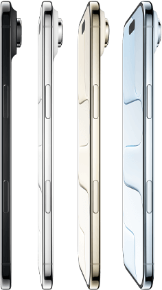 iPhone Air, side exterior, all four finishes, Sky Blue, Light Gold, Cloud White, Space Black, very thin profile, Fusion camera system, buttons: side, Camera Control