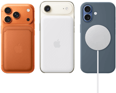 iPhone 17 Pro, back exterior, Cosmic Orange colour, with Silicone Case in Sienna colour and FineWoven Wallet with MagSafe in Fox Orange colour; iPhone Air, back exterior, Cloud White colour, with MagSafe Battery; iPhone 17, back exterior, Mist Blue colour, with Silicone Case in Anchor Blue colour and MagSafe Charger