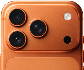 iPhone 17 Pro, Cosmic Orange partial back exterior, Pro camera system in top left corner, 3 lenses, microphone, flash