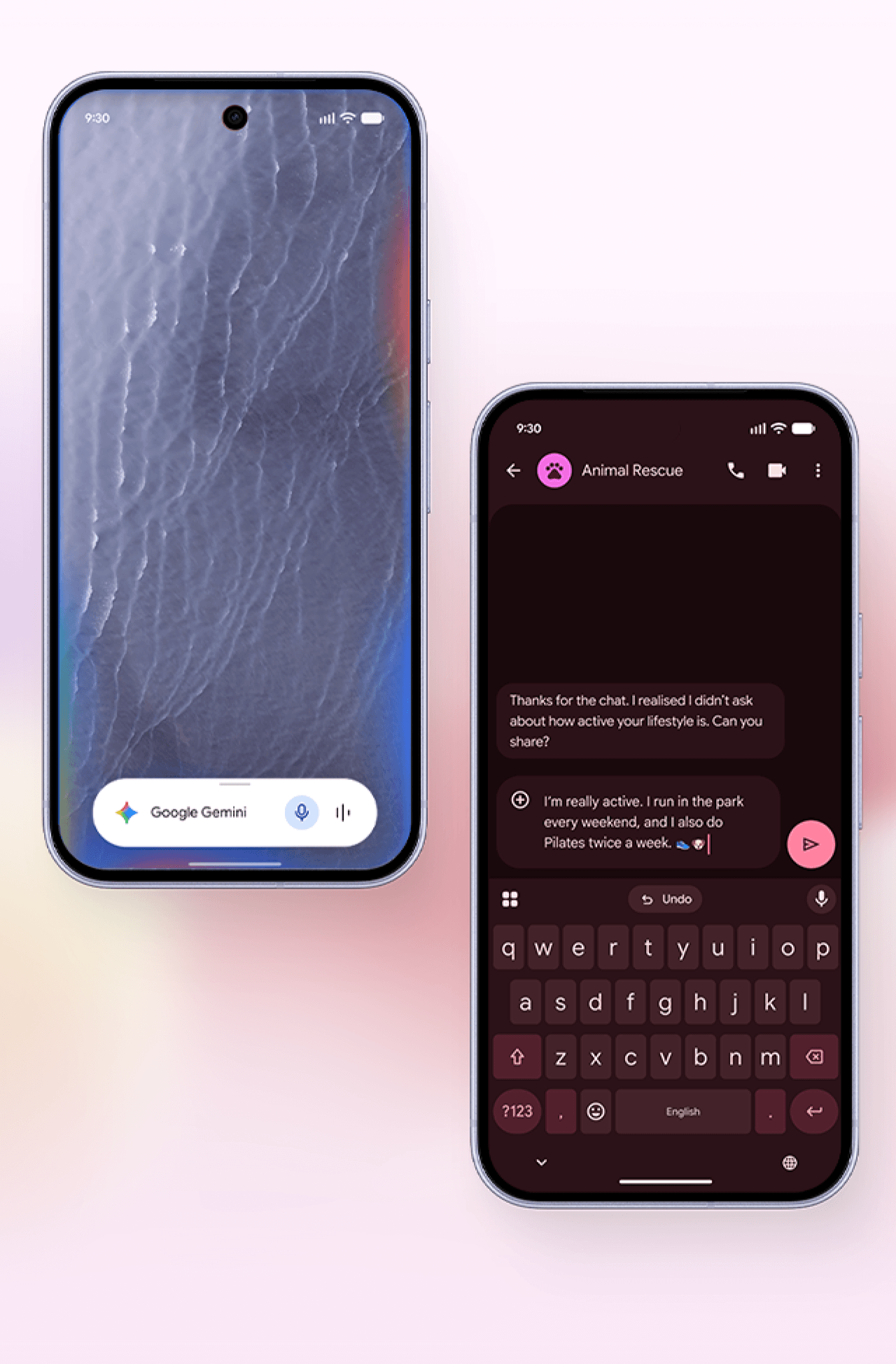 Image of the Pixel device with the prompt box for Ask Google Gemini.; Image of the Pixel device with text message from Animal Rescue