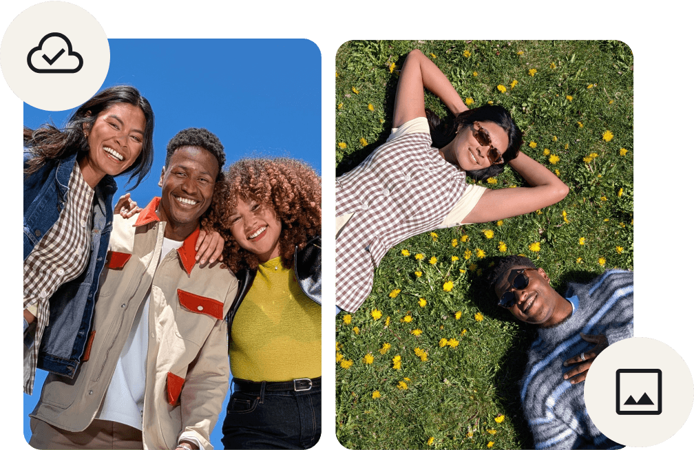 Image of two women and a man, posing for a photo.;Image of woman and man in a field with yellow flowers.