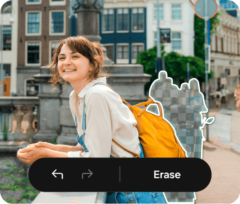 an image showing erasing unwanted objects from an image where a wome is standing near a bridge