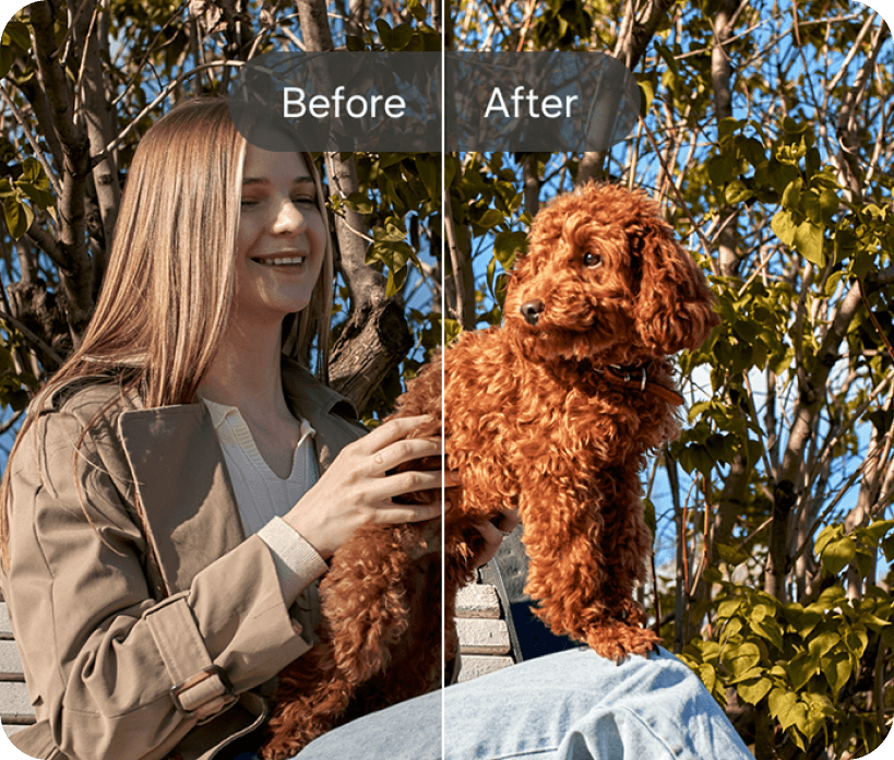 before and after images of using remaster feature where a women is holding a puppy