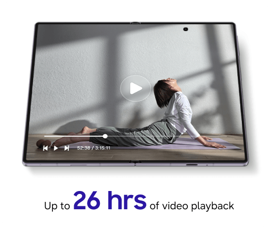 The Fold8 device showing a paused video of a woman doing yoga
