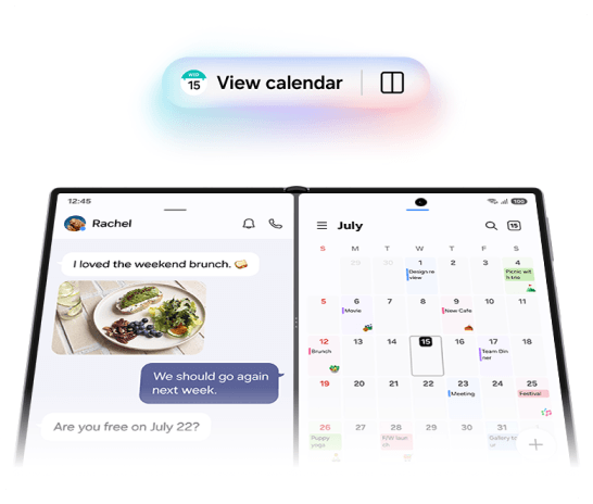 The Fold8 unfolded showing a split screen of a chat window on one and the calendar on the other.