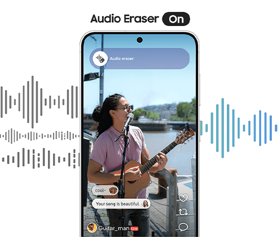 Galaxy S26 FE shows Audio eraser being used to edit a video of a person busking outdoors in noisy condition. Audio eraser ON. Audio waves are shown entering chaotically into the Audio eraser and leaving in a smoother formation to illustrate how it cleans up sound.