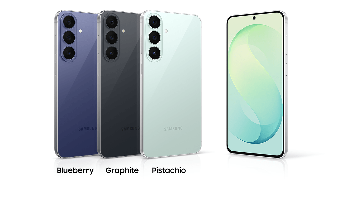 Three Samsung Galaxy S26 FE devices are arranged side by side, each slightly overlapping the one to its left. They are all upright with their backs facing forward and their left sides slightly tilted. The colours from left to right are Blueberry, Graphite, and Pistachio. Another Galaxy S26 FE device stands to the right of the three, with its screen facing forward and its right side slightly tilted.