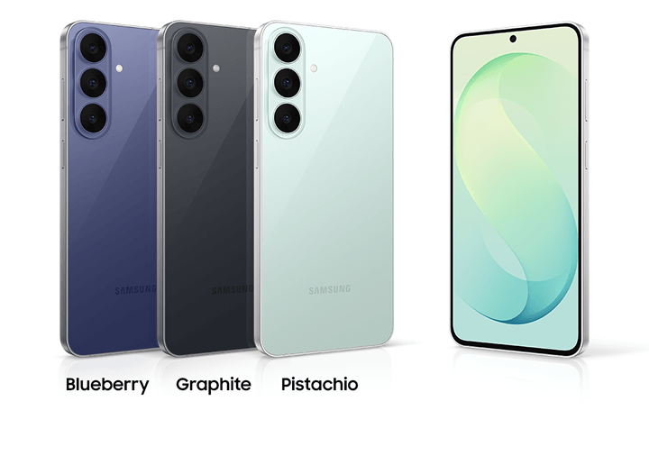 Three Samsung Galaxy S26 FE devices are arranged side by side, each slightly overlapping the one to its left. They are all upright with their backs facing forward and their left sides slightly tilted. The colours from left to right are Blueberry, Graphite, and Pistachio. Another Galaxy S26 FE device stands to the right of the three, with its screen facing forward and its right side slightly tilted.