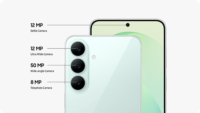 Close-up of the Triple Camera system on the back of Galaxy S26 FE in Pistachio and a close-up of the Front Camera. Galaxy S26 FE is equipped with a 12 MP Ultra Wide Camera, 50 MP Wide-angle Camera and 8 MP Telephoto Camera on the back, and a 12 MP Selfie Camera.