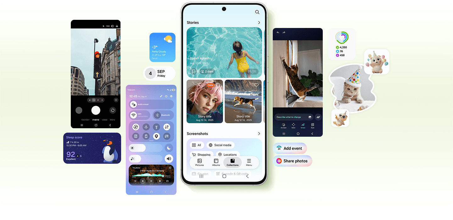 Galaxy S26 FE is seen from the main screen. Various active features that are more personalized to the user's needs and habits, flank the device. These include Creative Studio, Photo Assist and more.