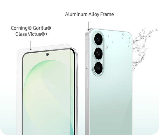 Two Galaxy S26 FE devices are shown from the front and rear, highlighting the Corning Gorilla Glass Victus+ display protection, aluminium alloy frame and durable design with water splash graphics. Galaxy S26 FE. 6.7 inch display. 193 g weight, 161.6 x 76.9 x 7.4 size. Galaxy S21 FE. 6.4 inch display. 177 g weight, 155.7 x 74.5 x 7.9 size. Galaxy A53. 6.5 inch display. 189 g weight, 159.6 x 74.8 x8.1 size.