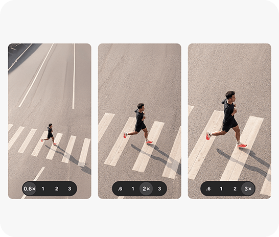 A photo of a person running across a city crosswalk, captured at 0.6x, 2x and 3x zoom to demonstrate that even when zoomed in, details remain clear and vivid.