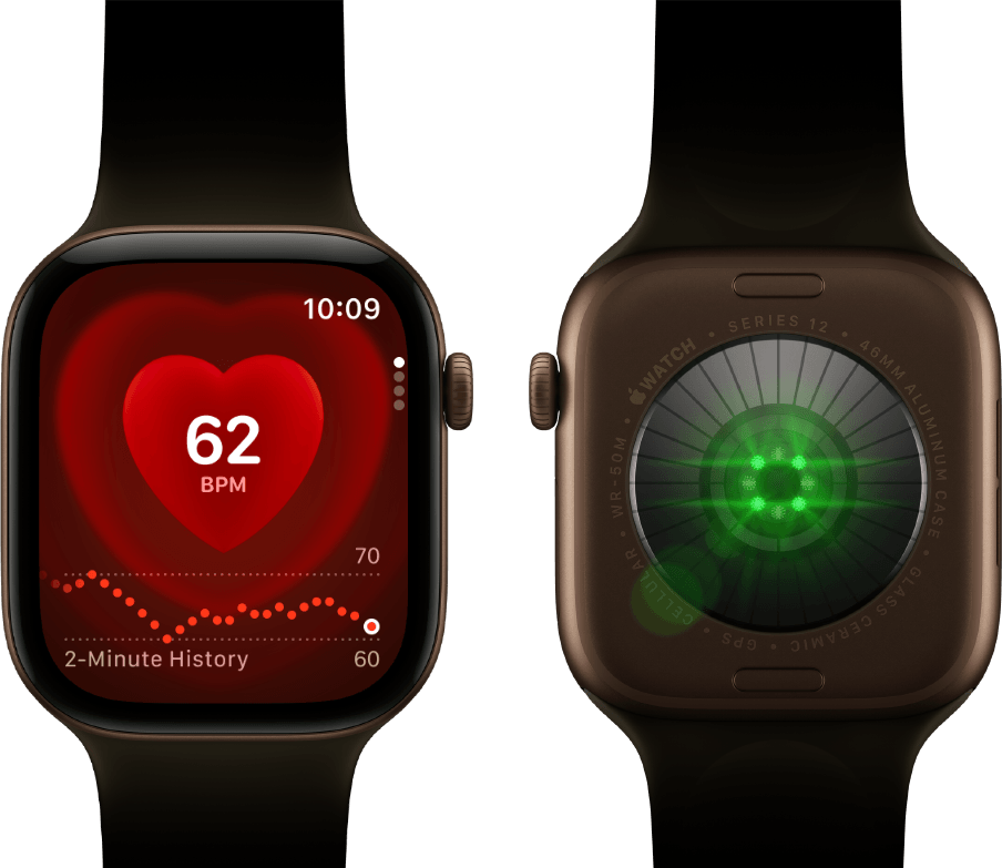 Two Apple Watch Series 12 devices, aluminium case, dark bronze colour with olive Sport Band, one showing the Heart Rate app, the other with the Health Sensing System on the back of the watch, with glowing green LED lights