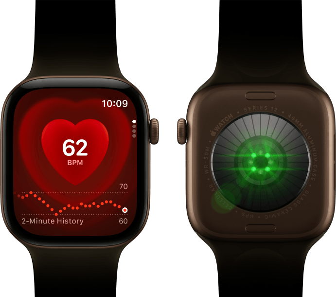 Two Apple Watch Series 12 devices, aluminium case, dark bronze colour with olive Sport Band, one showing the Heart Rate app, the other with the Health Sensing System on the back of the watch, with glowing green LED lights