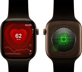 Two Apple Watch Series 12 devices, aluminium case, dark bronze colour with olive Sport Band, one showing the Heart Rate app, the other with the Health Sensing System on the back of the watch, with glowing green LED lights